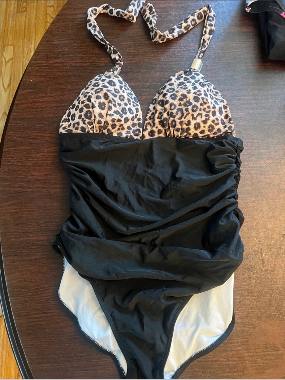Womens Leopard Print and Black One-Piece Swimsuit